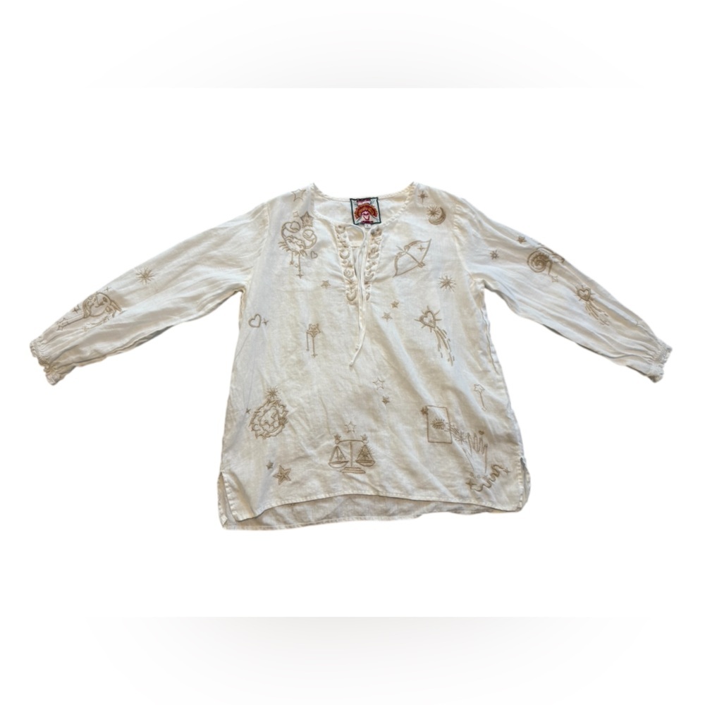 Johnny Was White Linen Zodiac Embroidered Blouse Size Small